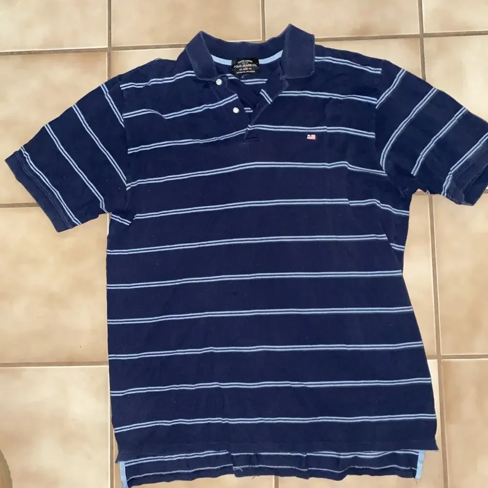 Vintage Southpole Polo Shirt Men 2XL Blue White Striped Short Sleeve Y2K Collar